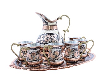 Copper Jug Pitcher with 6 Glass Drinkware Copper Tumbler Glass Mug Set, Copper Tray, Copper Jug, Handmade Copper Ayran Beverage Serving Set