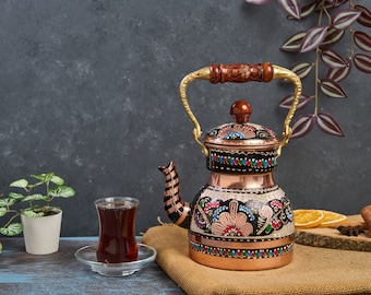 Bule de cobre, chaleira de fogão, bule de cobre, bule de chá floral feito à mão, máquina de chá, bule de cobre turco, chaleira de chá