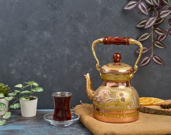 Bule de cobre, chaleira de fogão, bule de cobre, bule de chá floral feito à mão, máquina de chá, bule de cobre turco, chaleira de chá