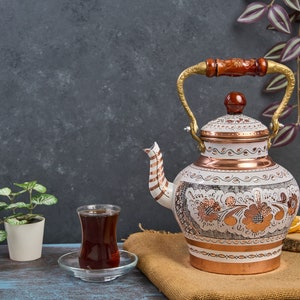 Turkish Handmade Copper Teapot, Teapot Warmer Samovar, Tea Maker, Copper Teapot, Authentic Pure Copper Teapot, Tea Kettle, Gift for Her