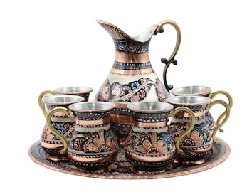 Copper Jug Pitcher with 6 Glass Drinkware Copper Tumbler Glass Mug Set, Copper Tray, Copper Jug, Handmade Copper Ayran Beverage Serving Set