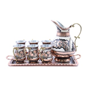 Copper Jug Pitcher with 6 Glass Drinkware Copper Tumbler Glass Mug Set, Copper Tray, Copper Jug, Handmade Copper Ayran Beverage Serving Set
