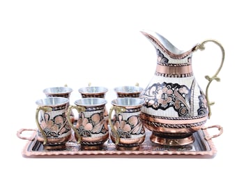 Copper Jug Pitcher with 6 Glass Drinkware Copper Tumbler Glass Mug Set, Copper Tray, Copper Jug, Handmade Copper Ayran Beverage Serving Set