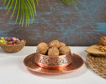 Copper Snack Bowl with Plate, Copper Breakfast Bowl, Copper Serving Bowl, Breakfast and Snack Serving