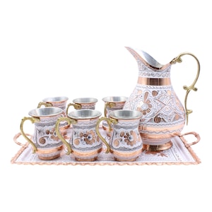 Copper Jug Pitcher with 6 Glass Drinkware Copper Tumbler Glass Mug Set, Copper Tray, Copper Jug, Handmade Copper Ayran Beverage Serving Set