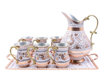 Copper Jug Pitcher with 6 Glass Drinkware Copper Tumbler Glass Mug Set, Copper Tray, Copper Jug, Handmade Copper Ayran Beverage Serving Set