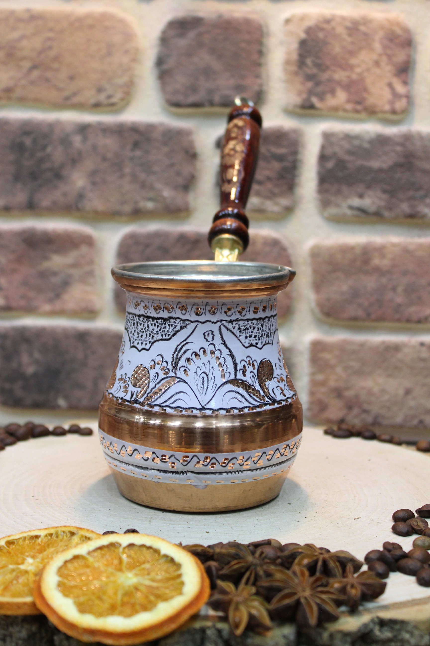 12 Oz Copper Turkish Greek Arabic Coffee Pot With Wooden Handle 4 Servings  Cezve Ibrik Briki Stovetop Coffee Maker 