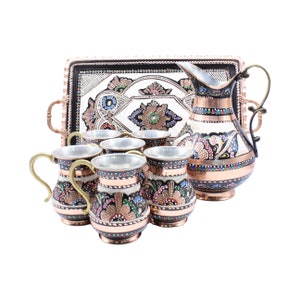 Copper Jug Pitcher with 6 Glass Drinkware Copper Tumbler Glass Mug Set, Copper Tray, Copper Jug, Handmade Copper Ayran Beverage Serving Set