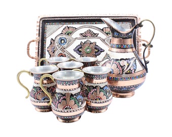 Copper Jug Pitcher with 6 Glass Drinkware Copper Tumbler Glass Mug Set, Copper Tray, Copper Jug, Handmade Copper Ayran Beverage Serving Set