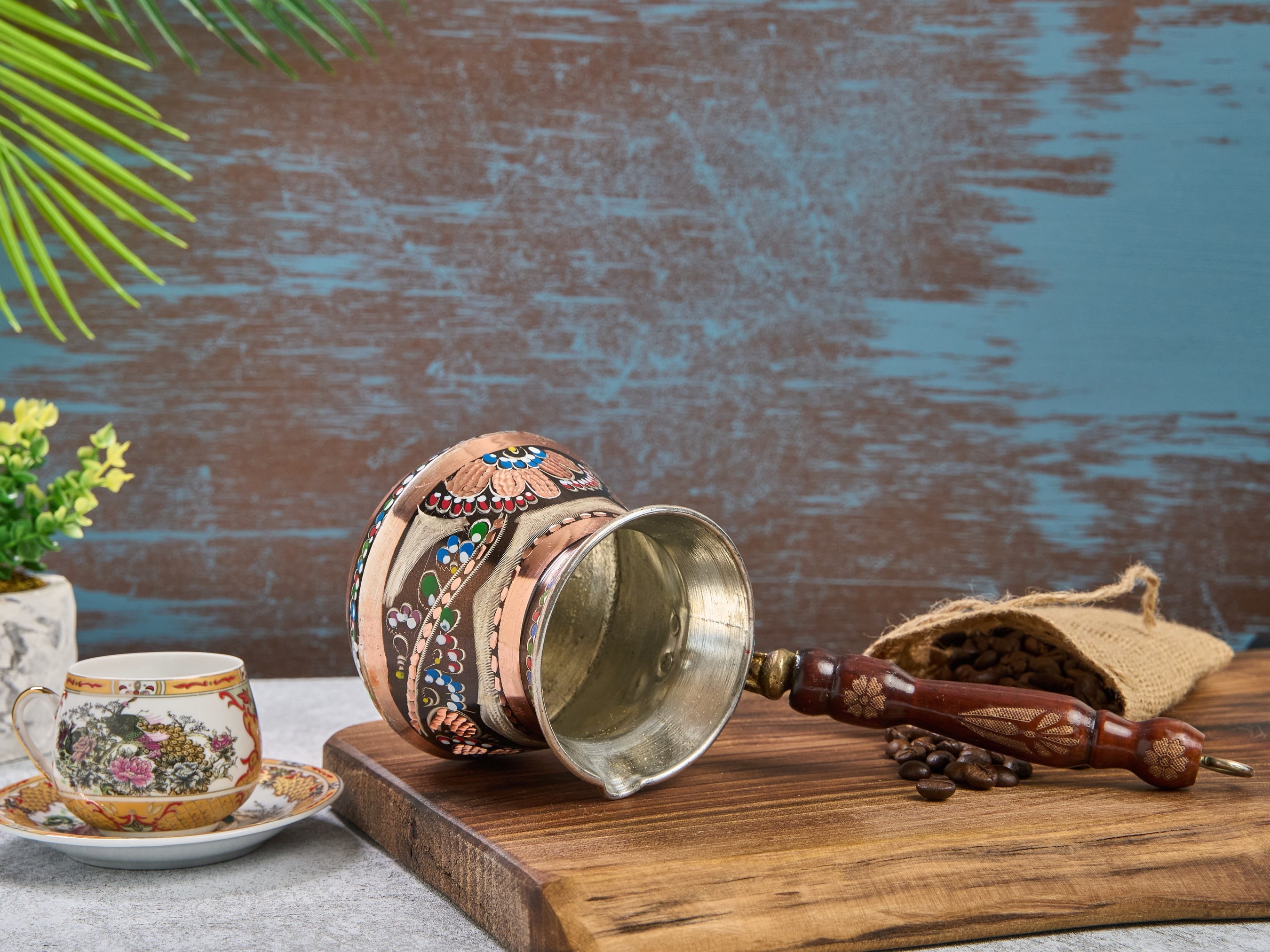 thumbnail image 2 of BCS 12 Oz Copper Turkish Coffee Pot With Wooden Handle - Traditional Cezve/Ibrik For Stovetop Brewing (Includes Wooden Spoon) 2 of 3