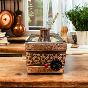 Traditional Turkish Copper Sand Coffee Maker Machine Square Shape for 110 and 220 Volts with Copper Coffee Pot