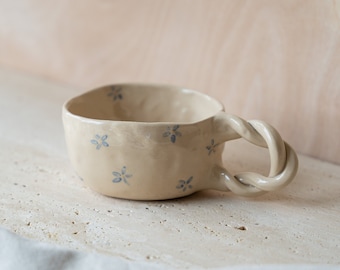 Handpainted Floral Ceramic Mug, Cute Blue Flower Mug, Aesthetic Beige cup