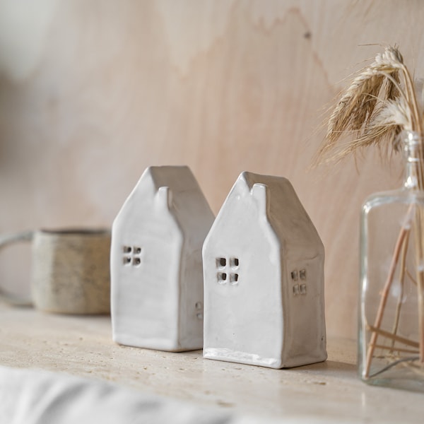 Set of 2 small ceramic houses handmade in white matte and glossy glaze, nordic tealight holder