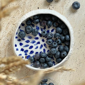 Ceramic bowl made of white clay with carving and painted with dark blue paint. image 4