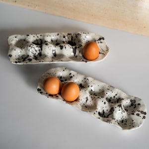 Ceramic handmade black and white Speckled Egg Holder - 10 eggs