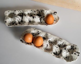 Ceramic handmade black and white Speckled Egg Holder - 10 eggs