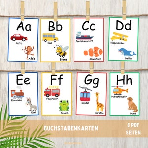 Fahrzeuge und Tiere Alphabet,ABC,Deutsch,Buchstaben lernen,Montessori Lernkarten PDF Druckvorlage