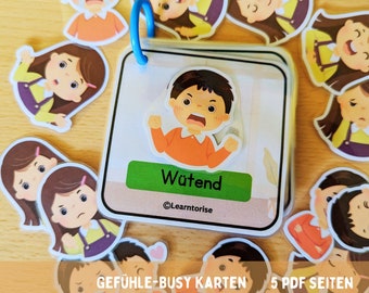 May include: A set of colorful emotion cards with a boy character expressing anger. The card reads "Wütend" and "©Learntorise". The text at the bottom of the image reads "GEFÜHLE-BUSY KARTEN 5 PDF SEITEN" and "©Learntorise".