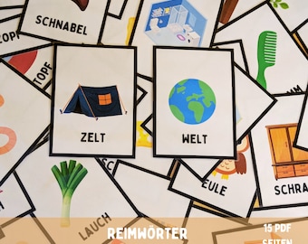 Puede incluir: Un conjunto de tarjetas de memoria coloridas con imágenes y palabras en alemán. Las palabras están escritas en texto negro sobre fondo blanco. Las imágenes son coloridas y de estilo de dibujos animados. Las tarjetas están etiquetadas como "Reimwörter", que significa palabras que riman en inglés. Las tarjetas están diseñadas para aprender alemán.