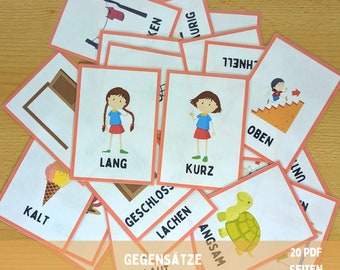 Puede incluir: Un conjunto de tarjetas con bordes naranjas y fondos blancos. Las tarjetas presentan ilustraciones y palabras alemanas como "LANG" y "KURZ", con un niño que representa la palabra. También se ve el texto "GEGENSÄTZE LAUT" y "20 PDF SEITEN".