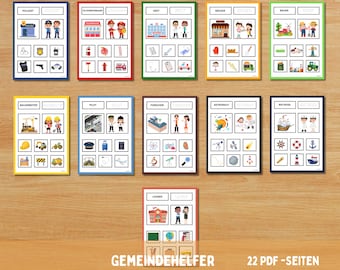 Puede incluir: Un conjunto de 11 hojas de trabajo imprimibles que presentan diferentes profesiones, incluyendo policía, bombero, médico, panadero, agricultor, trabajador de la construcción, piloto, científico, astronauta, marinero y maestro. Cada hoja de trabajo incluye dos imágenes de la profesión y nueve imágenes coincidentes. Las hojas de trabajo están diseñadas para que los niños aprendan sobre diferentes trabajos y las herramientas que utilizan.