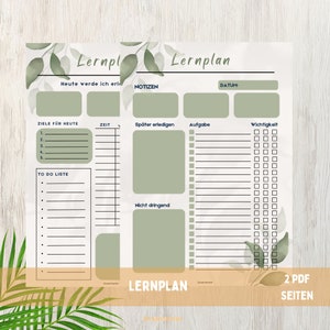 Könnte beinhalten: Ein druckbarer Studienplaner mit einem grünen Aquarell-Blattdesign. Der Planer enthält Abschnitte für Ziele, To-Do-Listen, Notizen, Aufgaben und Wichtigkeitsgrad. Der Text auf dem Planer lautet "Lernplan".