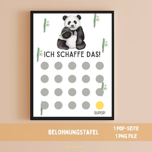 May include: A printable chart with a black and white panda bear illustration. The chart has the text "ICH SCHAFFE DAS!" and a grid of 20 circles. The last circle is yellow and says "SUPER!" at the bottom of the chart, it says "BELOHNUNGSTAFEL".