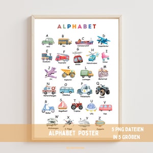 Póster del alfabeto de vehículos: póster didáctico para guardería y preescolar, descarga digital instantánea