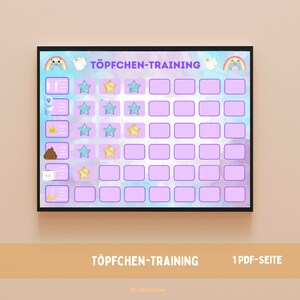 May include: A colorful chart with a rainbow and clouds design for potty training. It features a grid with spaces for stars and a list of potty training activities. The chart is titled "Töpfchen-Training" and "1 PDF-Seite".