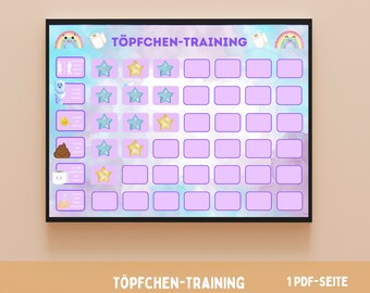 May include: A colorful chart with a rainbow and clouds design for potty training. It features a grid with spaces for stars and a list of potty training activities. The chart is titled "Töpfchen-Training" and "1 PDF-Seite".