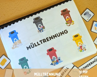 May include: A colorful set of 12 PDF pages for teaching children about recycling. The pages feature different colored recycling bins with various items inside, such as paper, plastic, glass, and metal. The title of the set is "Mülltrennung" which means "Waste Separation" in German.