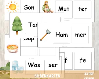 Puede incluir: Un conjunto de 43 tarjetas de sílabas imprimibles para aprender alemán. Las tarjetas presentan ilustraciones coloridas y las palabras "Son", "Mut", "ter", "Tar", "Ham", "mer", "Sup", "Was", "ser", "f" y "fe".