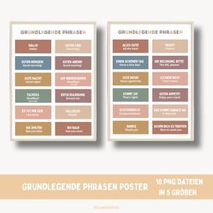Può includere: Due poster stampabili con frasi tedesche di base per imparare il tedesco. I poster sono in uno schema di colori marrone chiaro, verde chiaro e blu chiaro. I poster sono intitolati "Grundlegende Phrasen", che significa "Frasi di base". I poster sono progettati per essere utilizzati come strumento di apprendimento per gli studenti di tedesco.