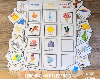 Puede incluir: Un juego educativo colorido para niños para aprender sobre cosas vivas y no vivas. El juego presenta una cuadrícula con las palabras "Lebendige" (vivos) y "Nicht Lebendige" (no vivos) en la parte superior. Hay imágenes de varios objetos, como un gato, una flor, una roca y un robot, que los niños pueden clasificar en las categorías correctas.