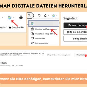 May include: A graphic showing the steps to download digital files. The image includes screenshots with red arrows pointing to the download options. Text in German reads "Wie man digitale Dateien herunterl&auml;dt?" and "Dateien herunterladen."