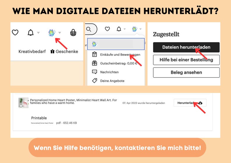 May include: A graphic showing the steps to download digital files. The image includes screenshots with red arrows pointing to the download options. Text in German reads "Wie man digitale Dateien herunterl&auml;dt?" and "Dateien herunterladen."