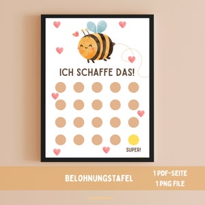 May include: A printable chart with a cute cartoon bee and the text "ICH SCHAFFE DAS!"  The chart has 25 circles, with a yellow circle at the bottom labeled "SUPER!" and pink hearts around the bee and chart.