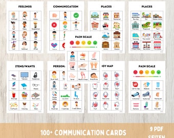 May include: Nine colourful communication cards with images and text. The cards are divided into categories: Feelings, Communication, Places, Items/Wants, Person, Body Map, and Pain Scale. The cards are designed to help people with communication difficulties.