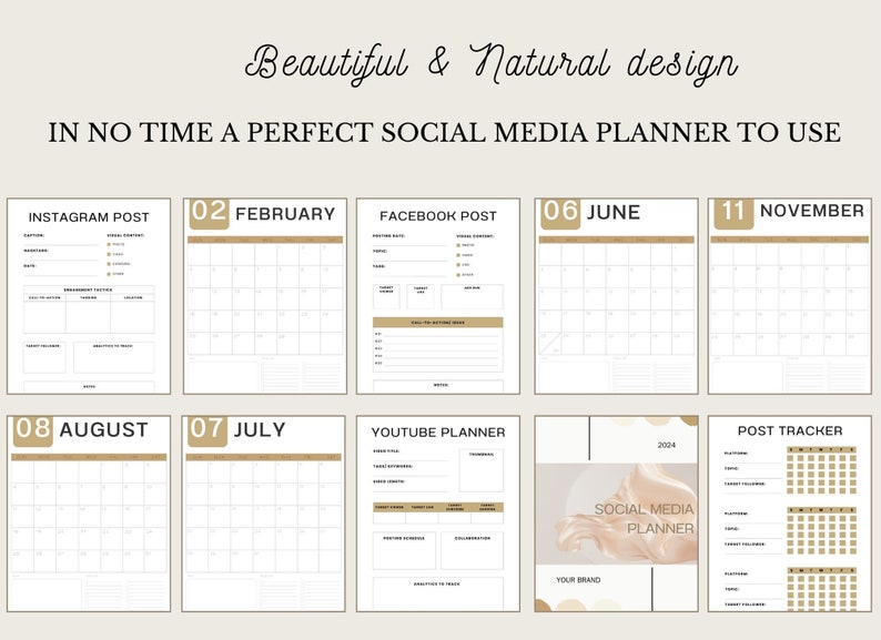 Social Media Planner Printable, Digital Content Calendar for Instagram