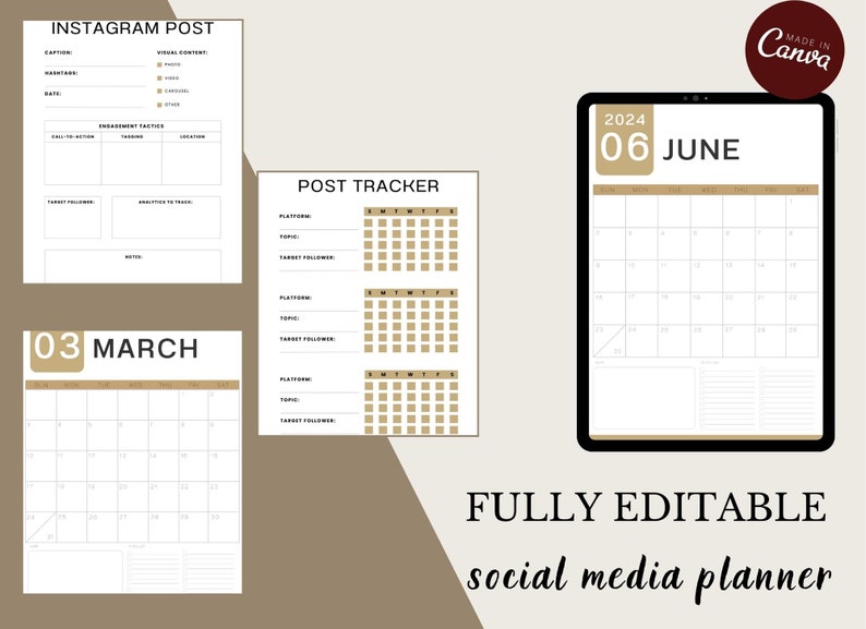 Social Media Planner Printable, Digital Content Calendar for Instagram