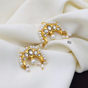 Jadau Stones Half Moon Bugadi Ear Cuffs/Pair of Jadau Earcuffs/non pierce/Quality Kundan/studs/white stones handmade/Minimalist Design