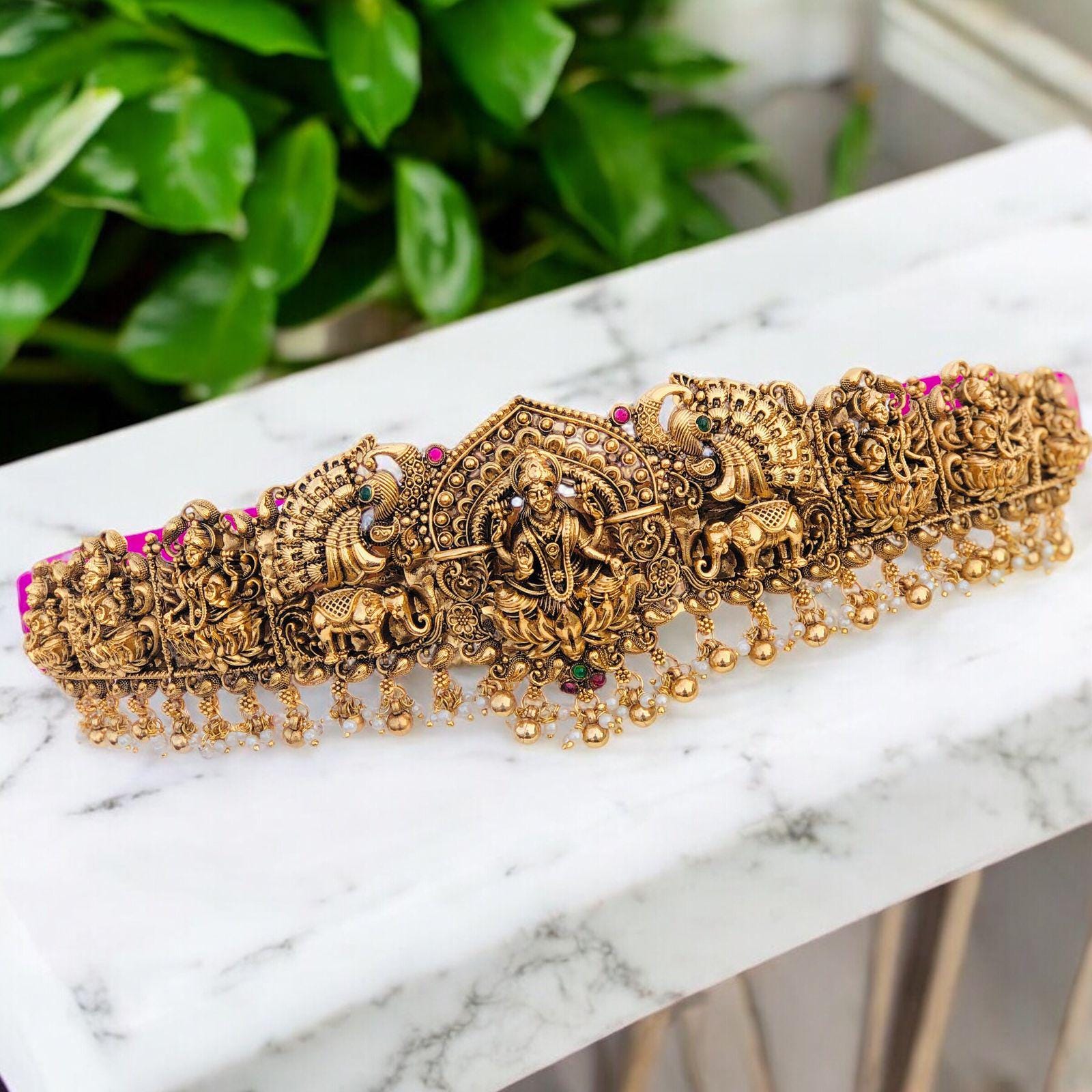 Gold Polish Lakshmi Hip Belt: Ruby Stone Saree Kamarpatta - Main Image