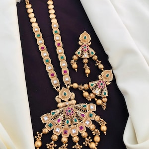 Long Haram rajwadi Jewellery Set, All Brass, Premium Quality / Mint beads Long Necklace Set / Rajwadi Necklace