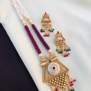 Long Haram rajwadi Jewellery Set, All Brass, Premium Quality / Mint beads Long Necklace Set / Rajwadi Necklace
