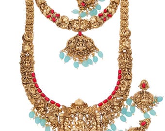 Antique Gold Bridal Jewelry Set: Lakshmi Haram Necklace, Earrings & Tikka