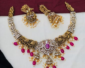 Victorian Diamond Bridal Necklace Set: Kundan Temple Jewelry