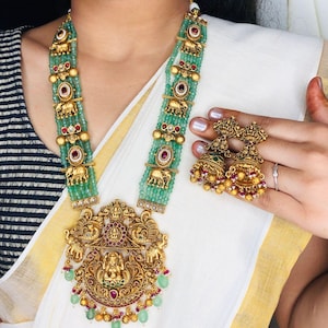 Exquisite Lakshmi with Elephant Pendant Haram-light Green Beads/ Wedding Jewellery Set /High Quality Brass Premium Quality Jewellery Set