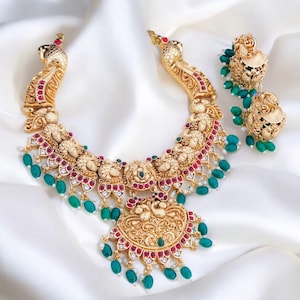 Lakshmi Necklace/temple jewelry/Antique gold necklace/South Indian Necklace/Indian Jewelry/Ruby Green Necklace/Bridal Neckalce