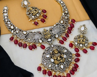 Victorian Kundan Bridal Necklace Set: Maroon Bead Temple Jewelry
