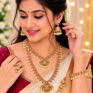 South Indian Temple Jewelry Set | Ruby Green Stones Long Haram Necklace